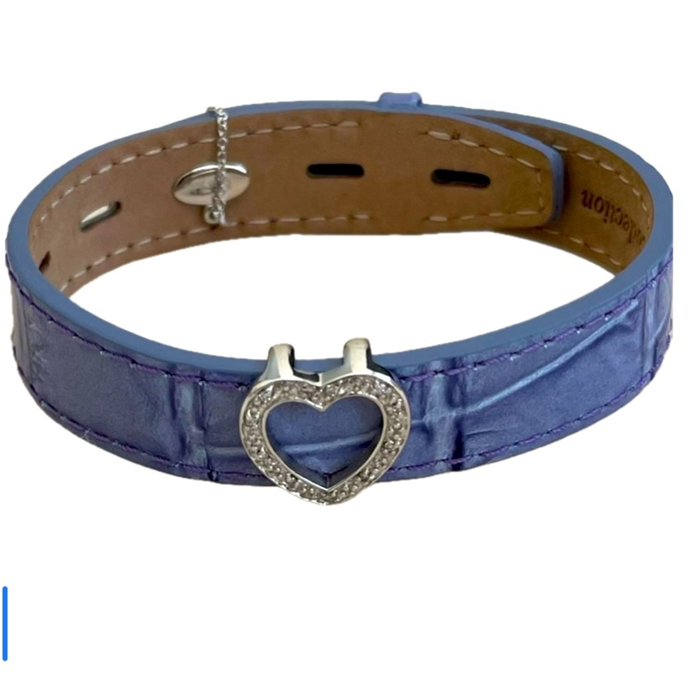 EFFY 'BITA' Lavender Purple Leather Croc 14K WHITE Gold Diamond Heart Bracelet